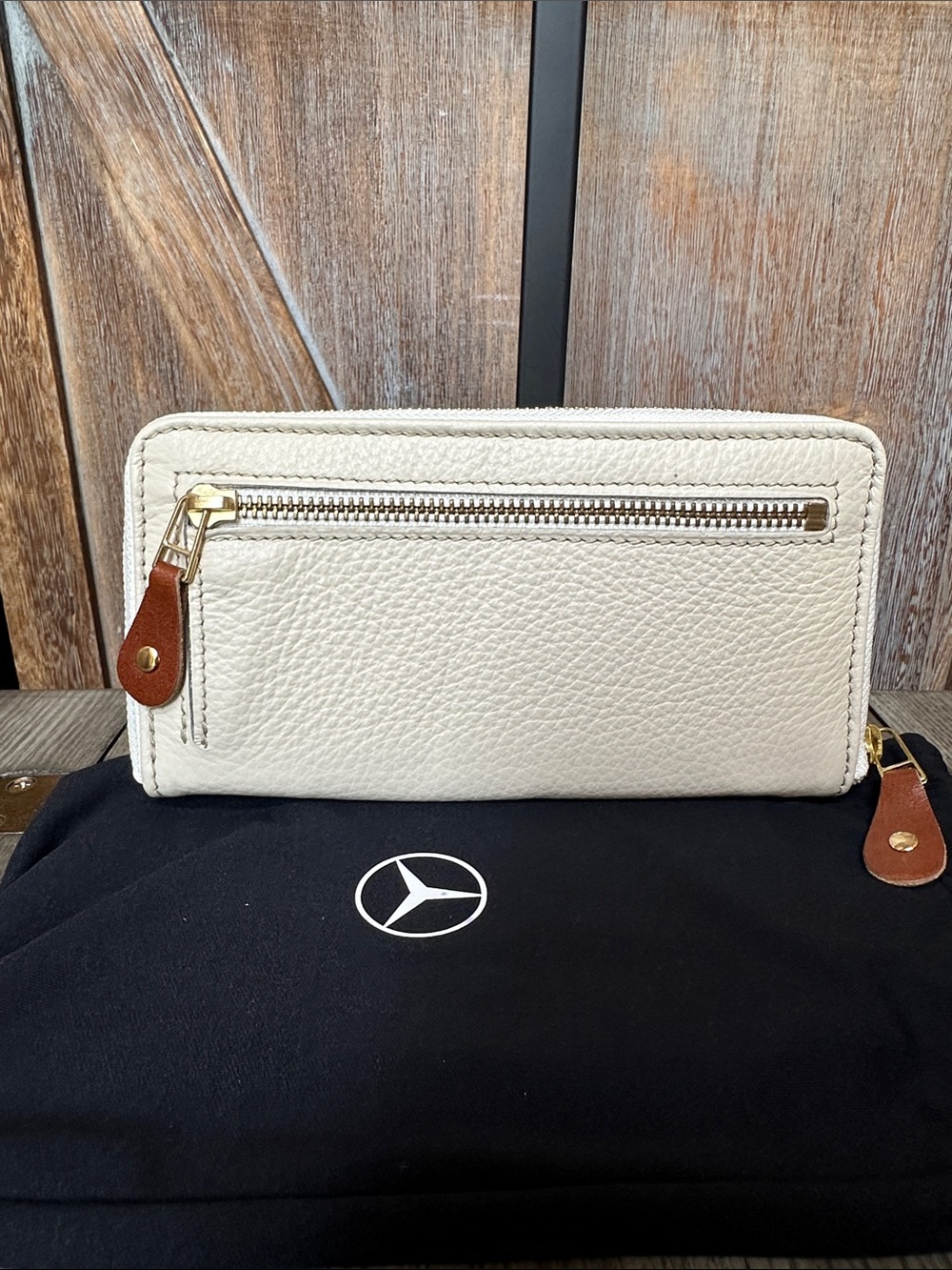 Mercedes Benz Cream Pebbled Leather Zippered Wallet Clutch - Picture 2 of 15